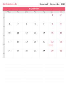 Kalender 2029 September